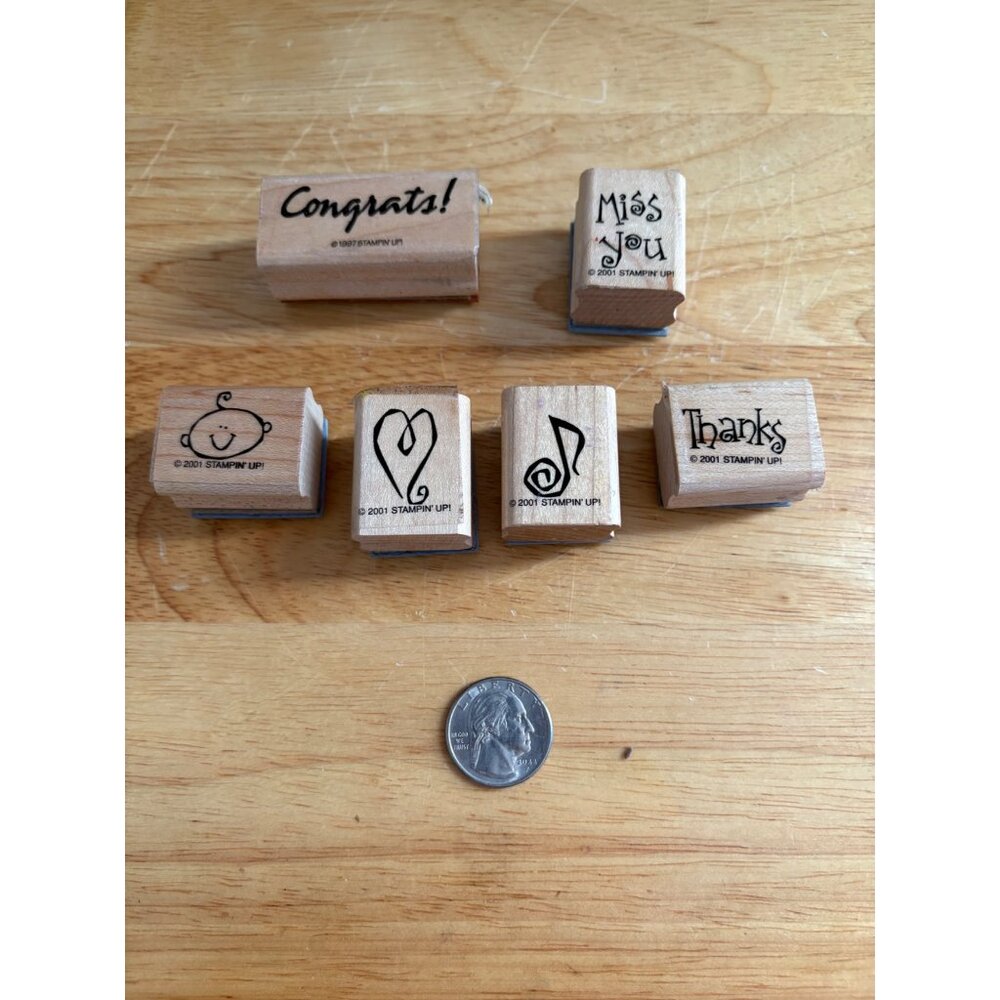 Stampin Up! 2001 Wooden Rubber Stamps Set Of 5 Congrats! Miss You Thanks Designs